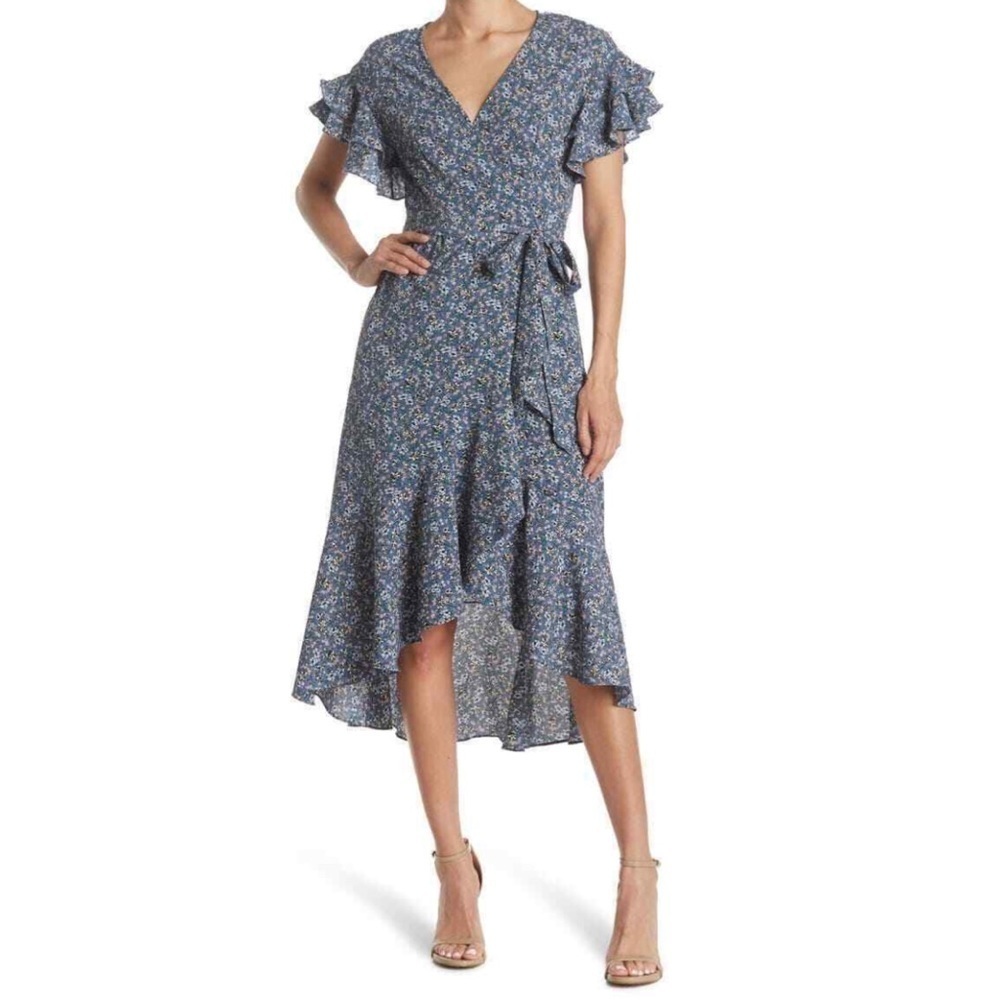 NWT Max Studio Floral Print Ruffle Wrap Midi Dress Blue